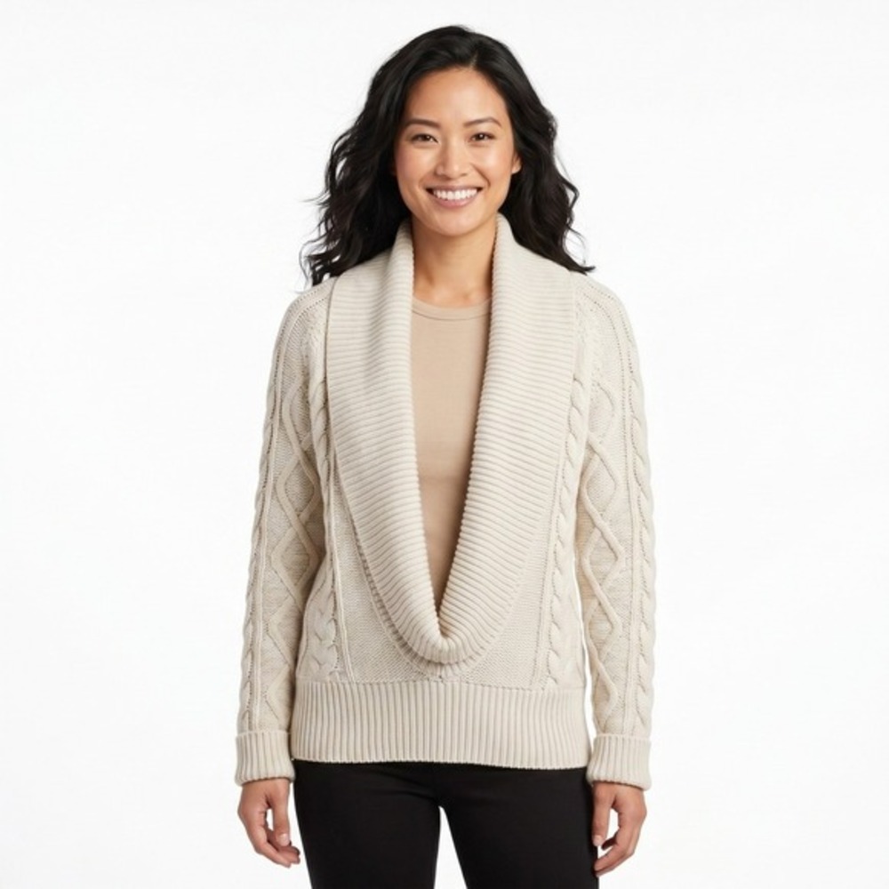 Moda International Women Cream Cable Knit Shawl Collar Cotton Sweater Size‎ M